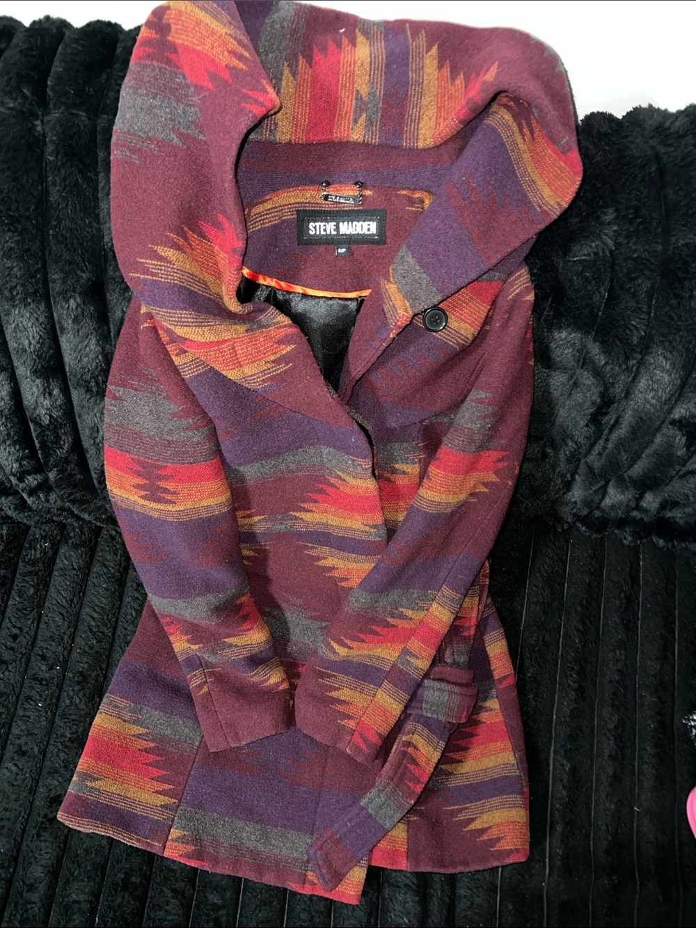 Steve Madden Burgundy Multi Hooded Pea Coat with Southwestern Stripe